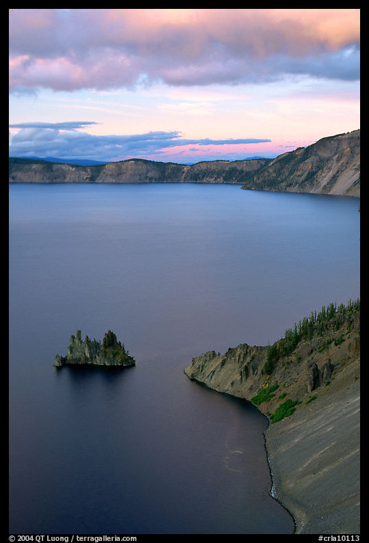 Phantom Ship and Chaski Bay at sunset. Crater Lake National Park, Oregon, USA.