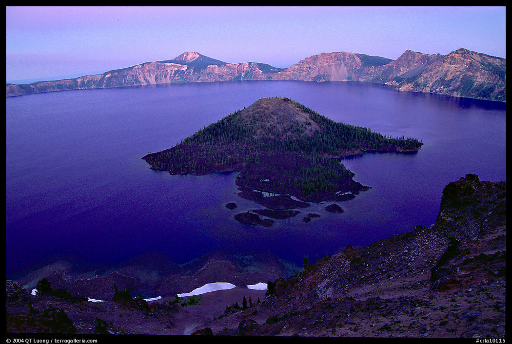 Wizard Island and Lake at dusk. Crater Lake National Park, Oregon, USA.