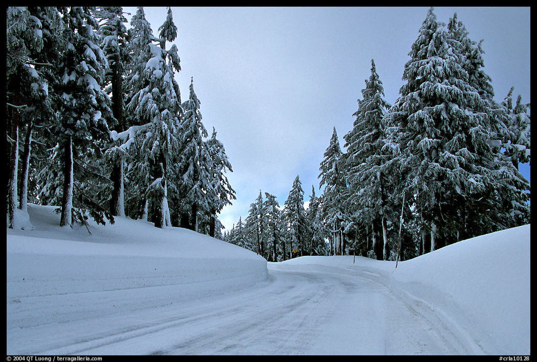 Snow-covered road. Crater Lake National Park, Oregon, USA.