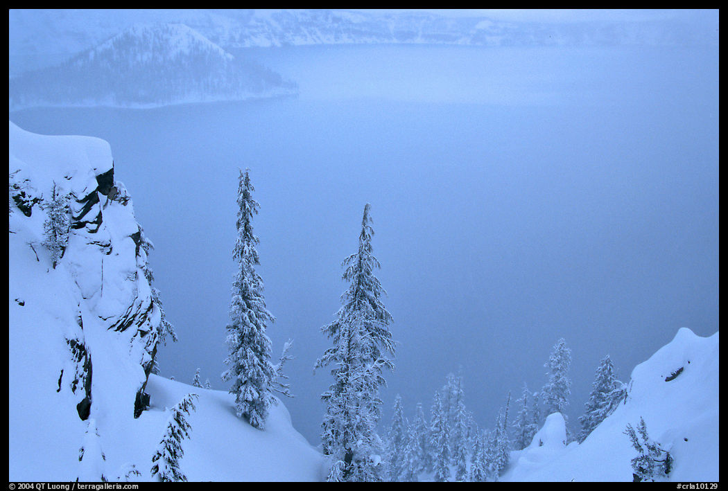 Trees and mistly lake in winter. Crater Lake National Park, Oregon, USA.