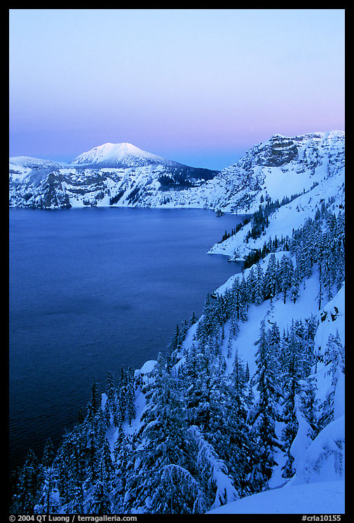 Lake, Mt Garfield, Mt Scott, winter dusk. Crater Lake National Park, Oregon, USA.