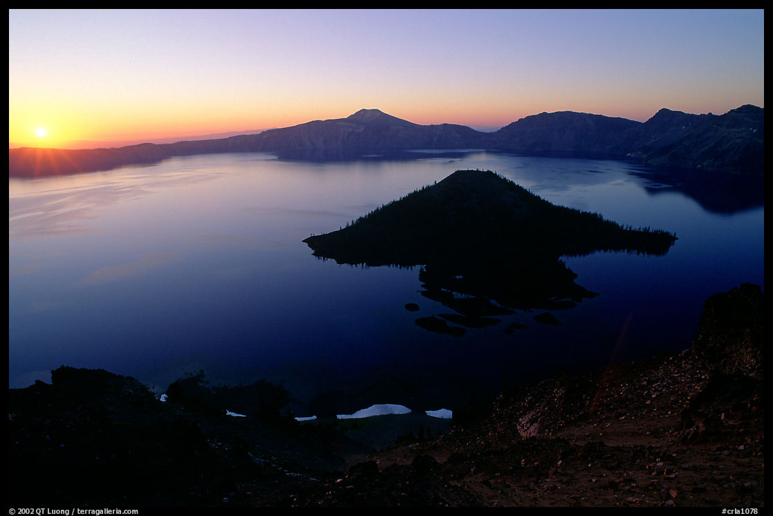 Lake and wizard island from  Watchman at sunrise. Crater Lake National Park, Oregon, USA.
