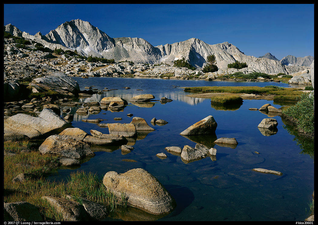 Mt Giraud reflected in a lake in Dusy Basin, morning. Kings Canyon  National Park, California, USA.