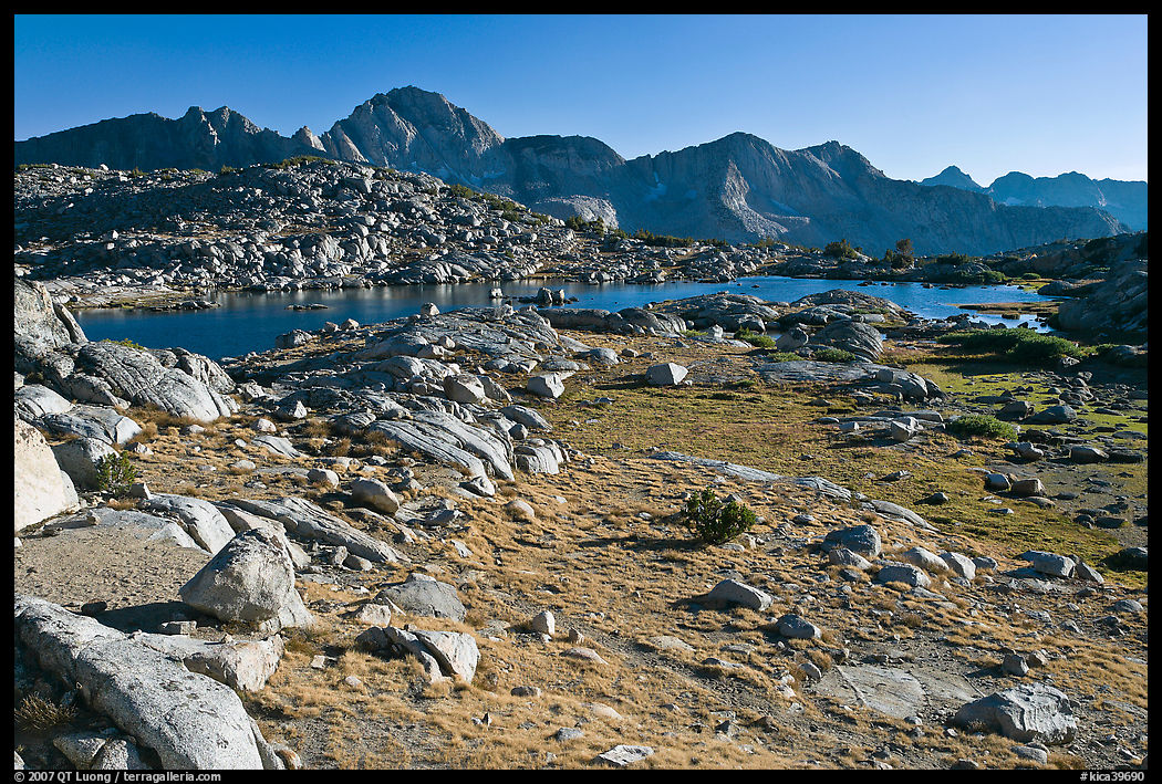 Alpine meadow, lake, and mountains, Dusy Basin. Kings Canyon  National Park, California, USA.