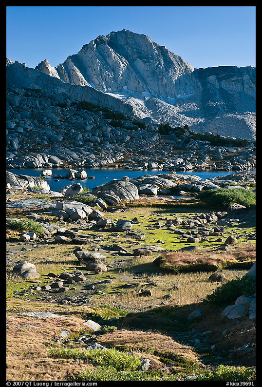 Alpine meadow, lake, and Mt Giraud, Dusy Basin. Kings Canyon  National Park, California, USA.