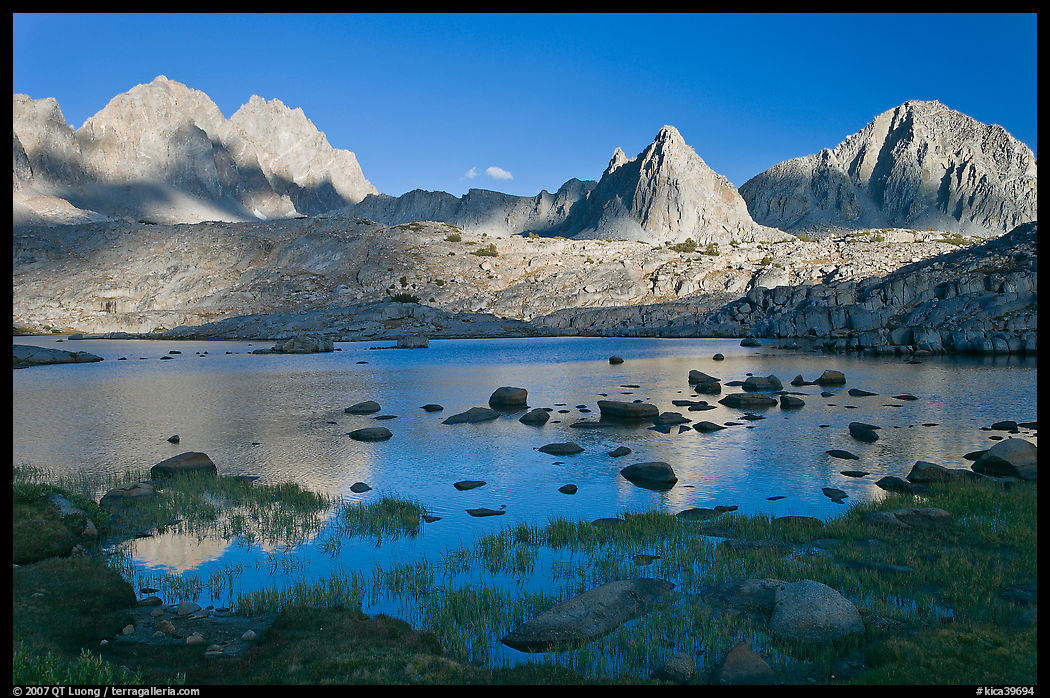 North Palissade, Isocele Peak and Mt Giraud reflected in lake, Dusy Basin. Kings Canyon  National Park, California, USA.