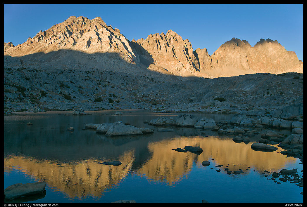 Agassiz, Winchell, Thunderbolt, Starlight, North Palissade reflected at sunset, Dusy Basin. Kings Canyon  National Park