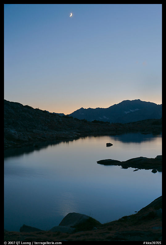 Lake and mountains with moon, Dusy Basin. Kings Canyon  National Park, California, USA.