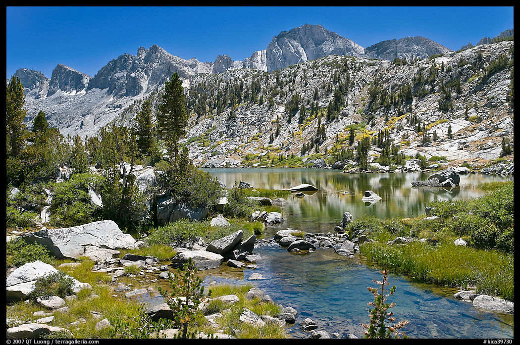 Outlet stream, lake, and mountains, Lower Dusy Basin. Kings Canyon  National Park, California, USA.