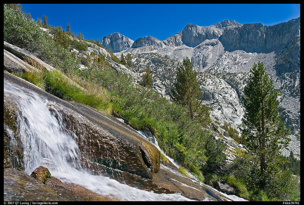 Waterfall, and mountains, Le Conte Canyon. Kings Canyon  National Park, California, USA.
