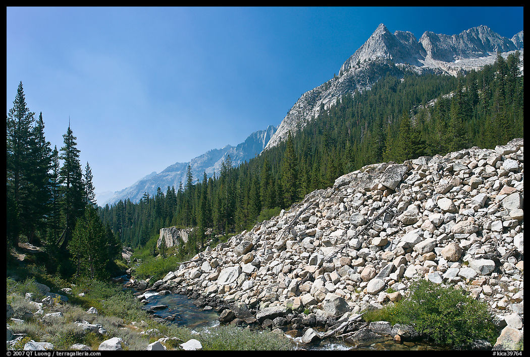 Scree slope, river, and The Citadel, Le Conte Canyon. Kings Canyon  National Park, California, USA.