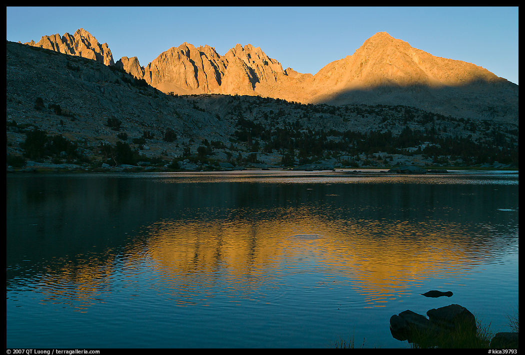 Palissades and Columbine Peak reflected in lake at sunset. Kings Canyon  National Park, California, USA.