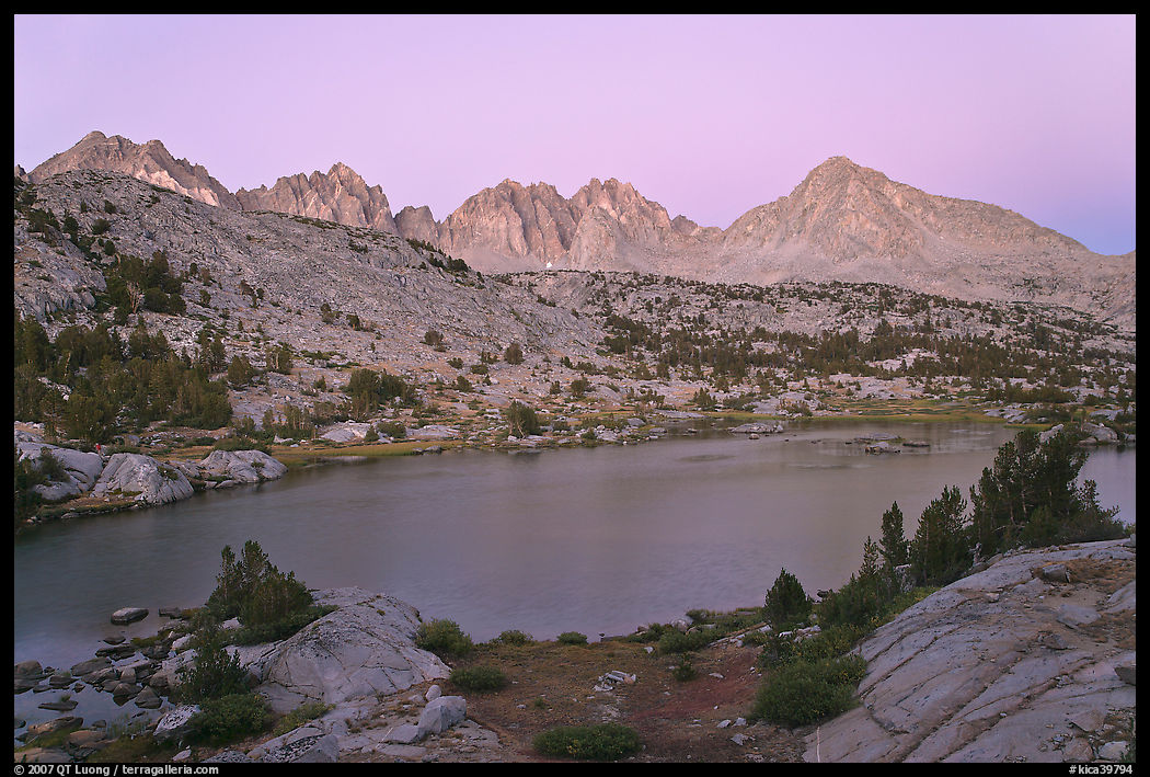Columbine Peak and Palissades above lake at dusk, Lower Dusy basin. Kings Canyon  National Park