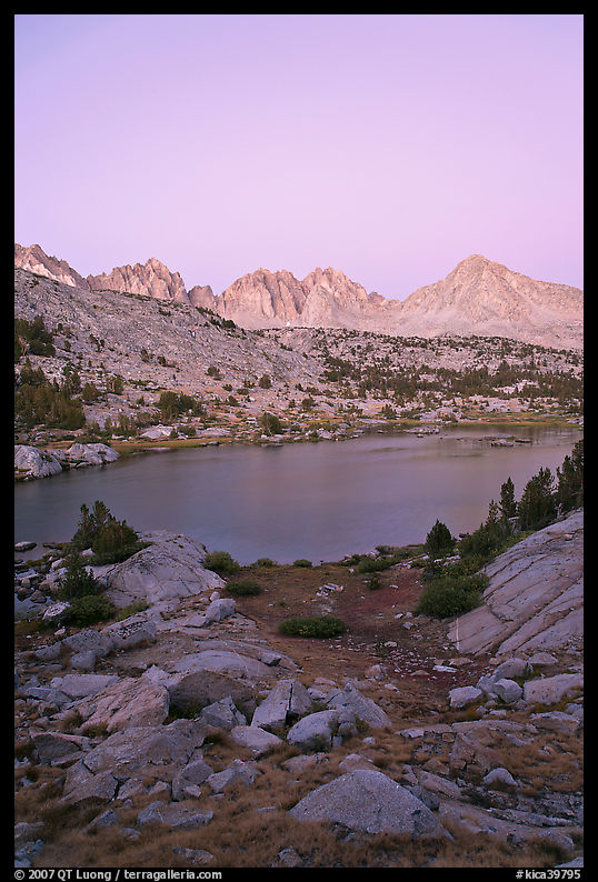 Palissades and Columbine Peak above lake at dusk, Lower Dusy basin. Kings Canyon  National Park, California, USA.