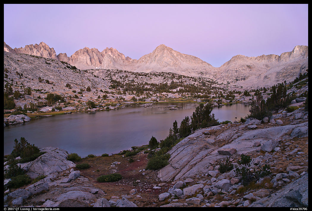 Palissade range and lake at dusk, Lower Dusy basin. Kings Canyon  National Park, California, USA.