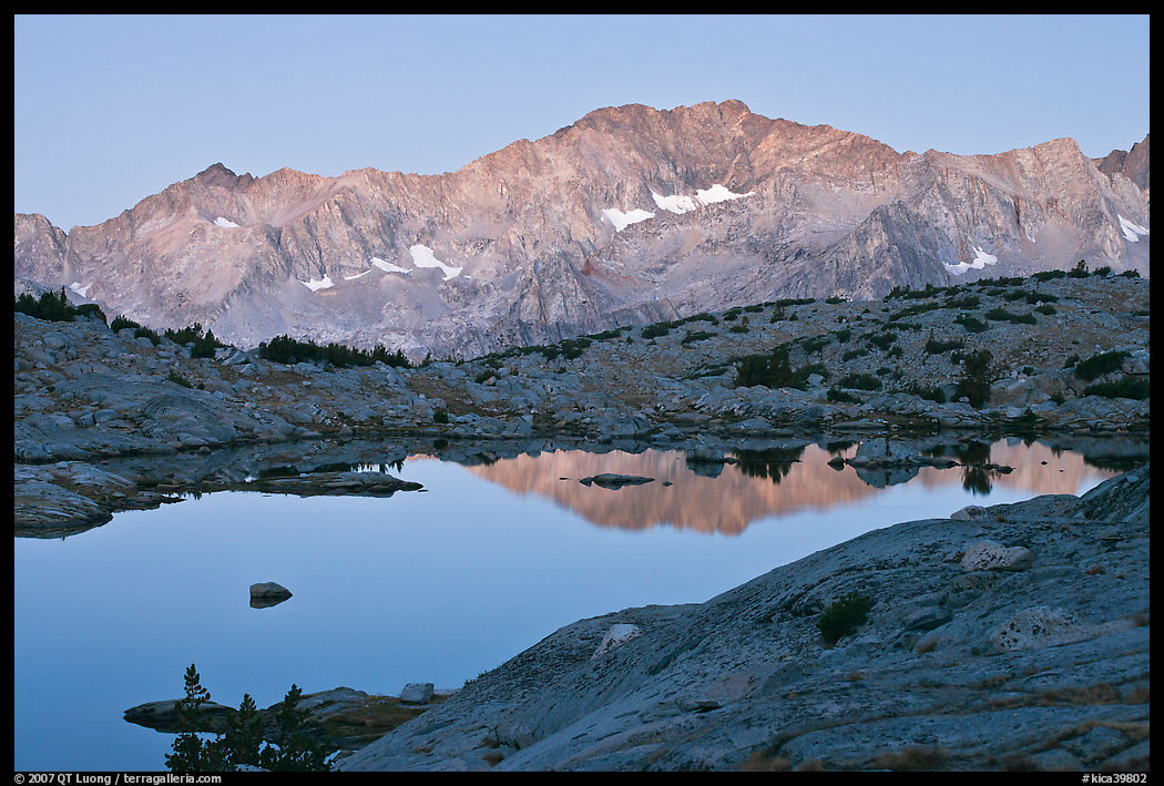 Mountains and lake, upper Dusy basin, sunrise. Kings Canyon  National Park, California, USA.