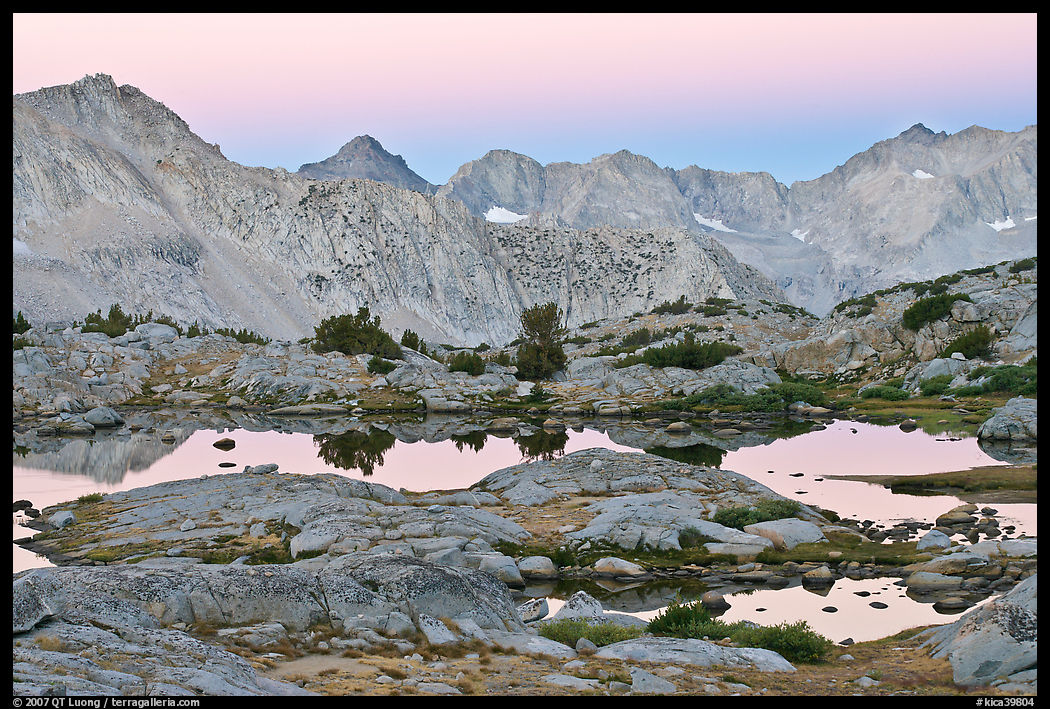 Alpine lakes and mountain range at dawn, Dusy Basin. Kings Canyon  National Park, California, USA.