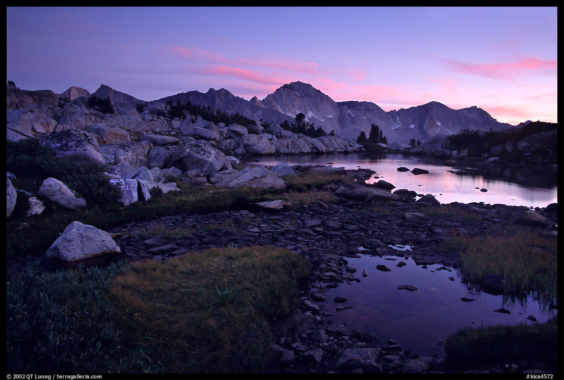 Ponds in Dusy Basin and Mt Giraud, sunset. Kings Canyon  National Park, California, USA.