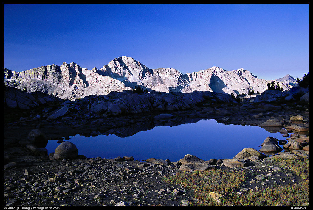 Pond in Dusy Basin and Mt Giraud, early morning. Kings Canyon  National Park, California, USA.