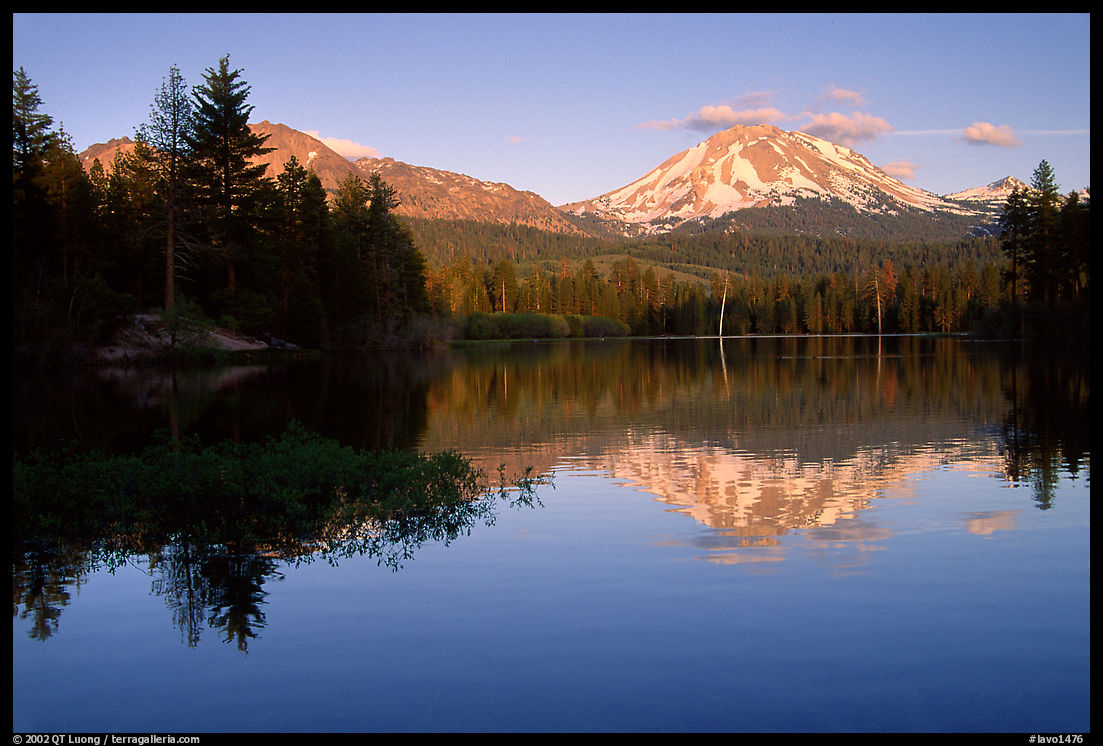 Manzanita lake and Mount Lassen in early summer, sunset. Lassen Volcanic National Park, California, USA.