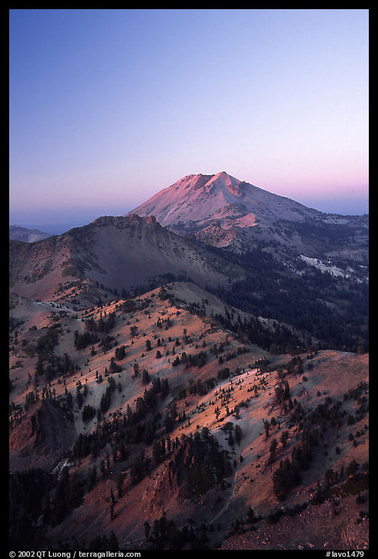 Mt Diller, Pilot Pinnacle, and Lassen Peak from Brokeoff Mountain, sunset. Lassen Volcanic National Park, California, USA.