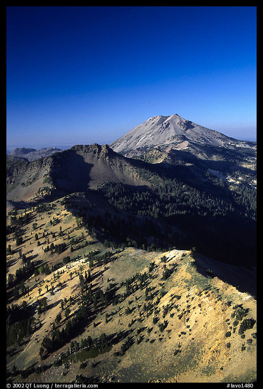 Mt Diller, Pilot Pinnacle, and Lassen Peak from Brokeoff Mountain, late afternoon. Lassen Volcanic National Park, California, USA.