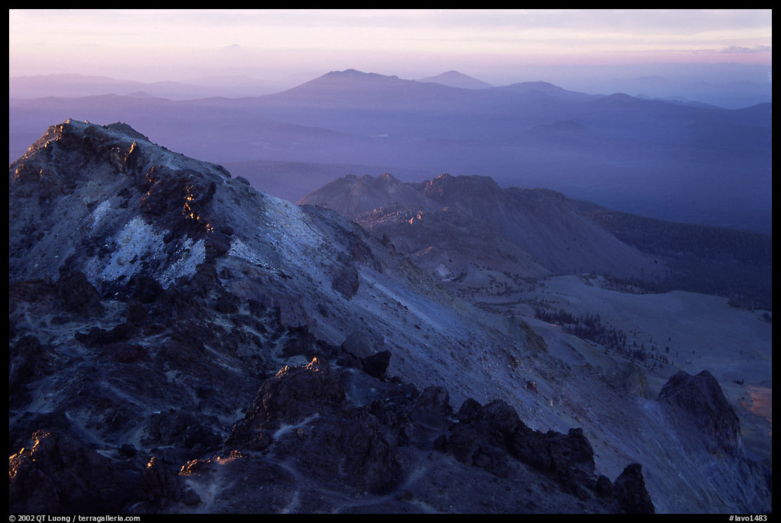 Summit of Lassen Peak with volcanic formations, sunset. Lassen Volcanic National Park, California, USA.