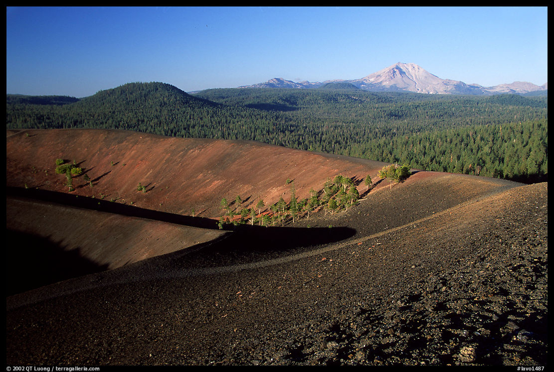 Cinder cone crater and Lassen Peak, early morning. Lassen Volcanic National Park, California, USA.
