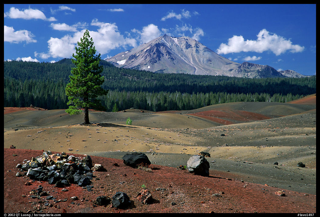 Painted dunes, pine tree, and Lassen Peak. Lassen Volcanic National Park