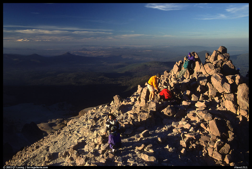 Hikers on Summit of Lassen Peak. Lassen Volcanic National Park, California, USA.