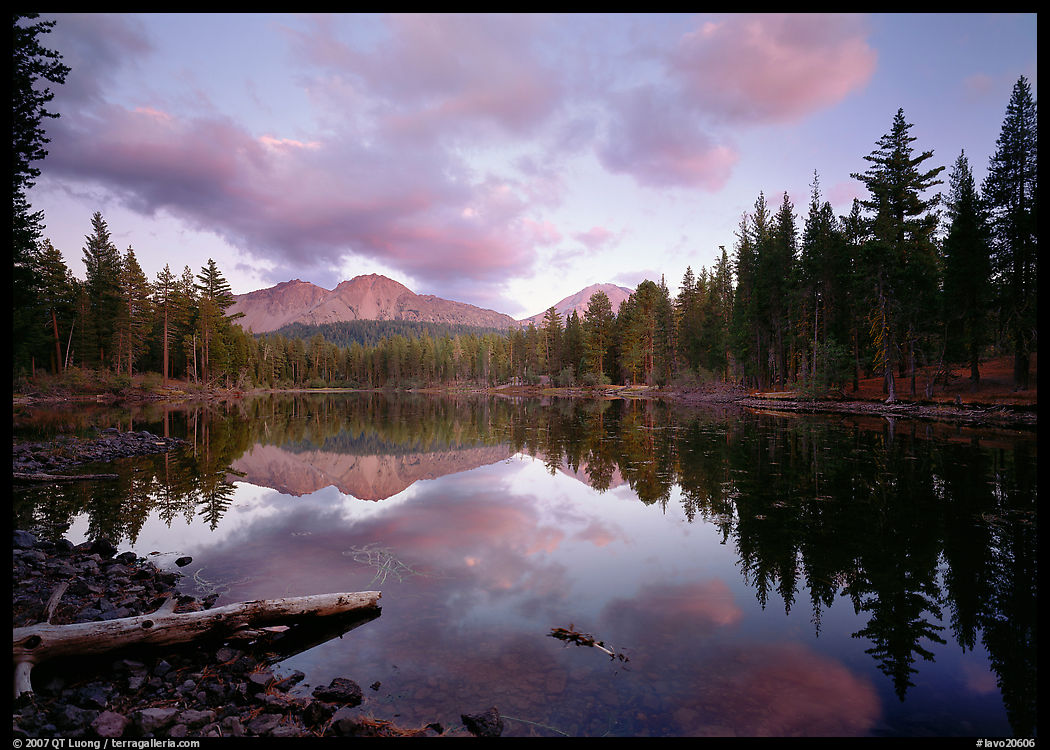 Reflection lake and Chaos Crags, sunset. Lassen Volcanic National Park, California, USA.