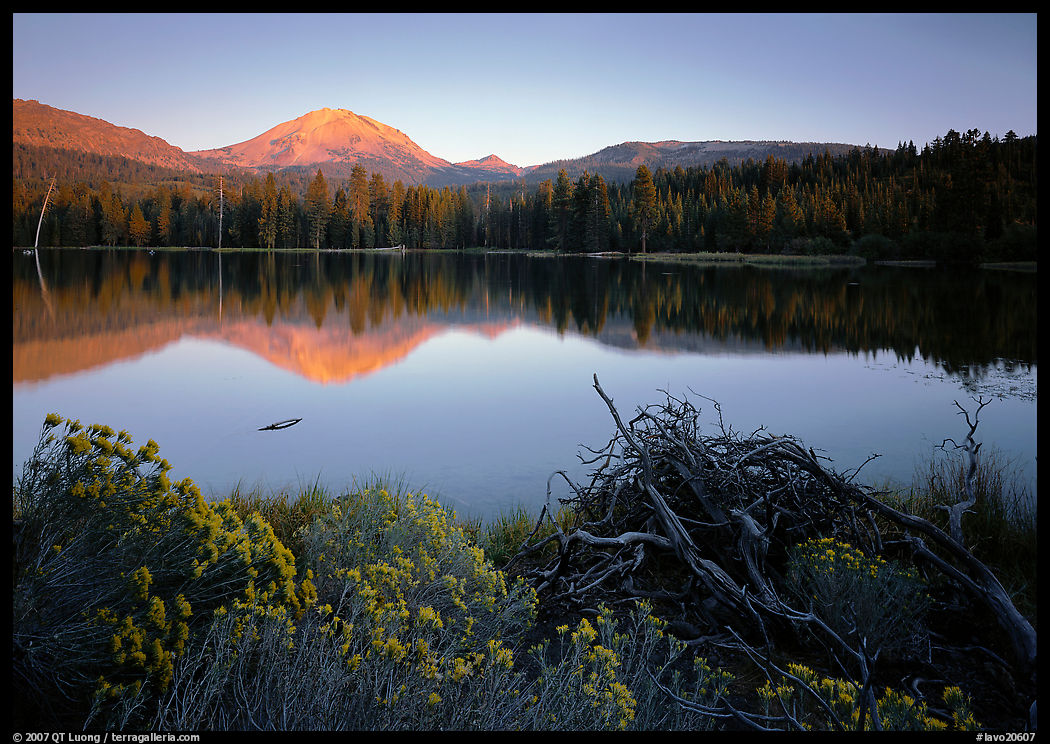 Manzanita lake and Mount Lassen in late summer, sunset. Lassen Volcanic National Park, California, USA.