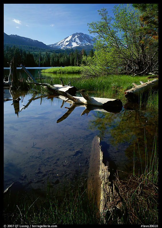 Manzanita Lake and Mount Lassen, morning spring. Lassen Volcanic National Park, California, USA.