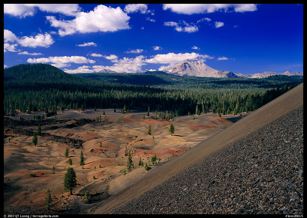Painted dunes and Lassen Peak seen from Cinder cone slopes. Lassen Volcanic National Park, California, USA.