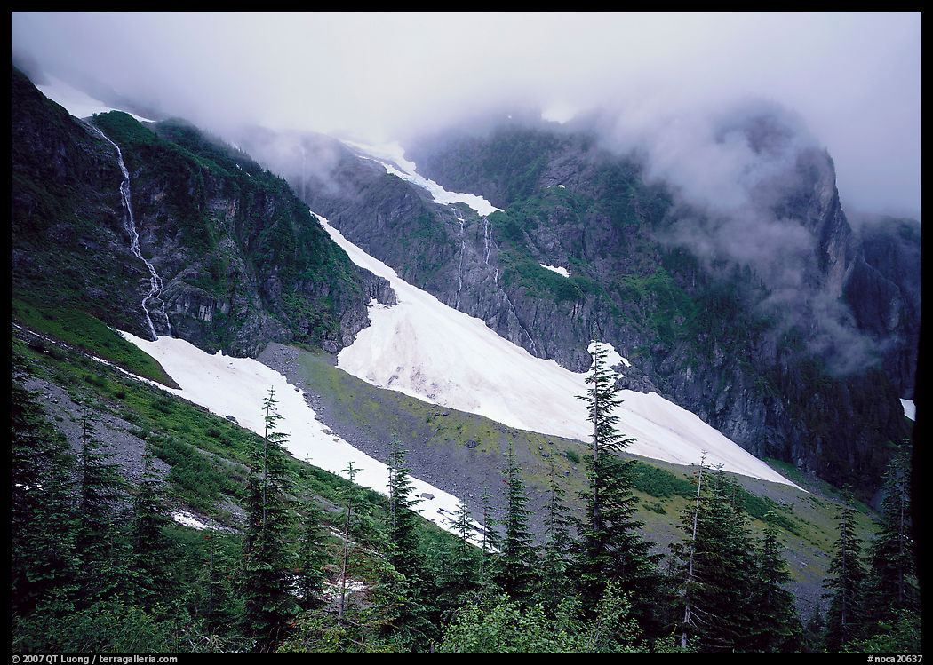 Cascades and snowfields, Cascade pass. North Cascades National Park, Washington, USA.
