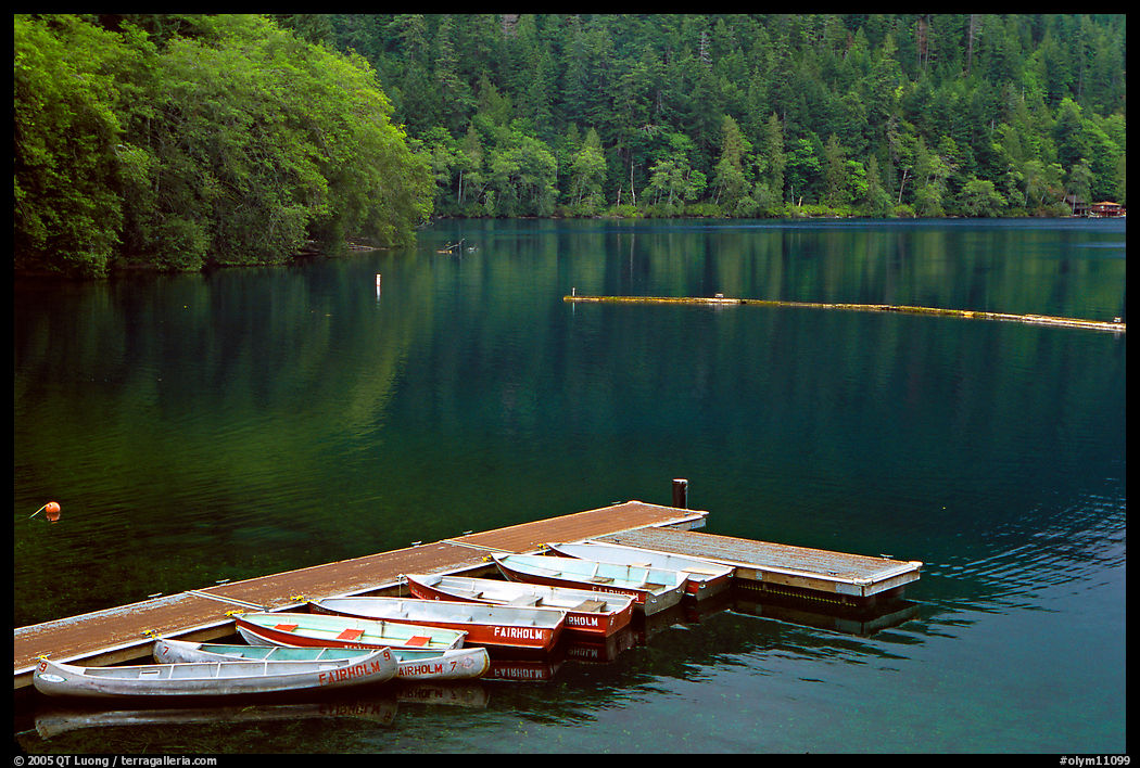 Emerald waters, pier and rowboats, Crescent Lake. Olympic National Park, Washington, USA.
