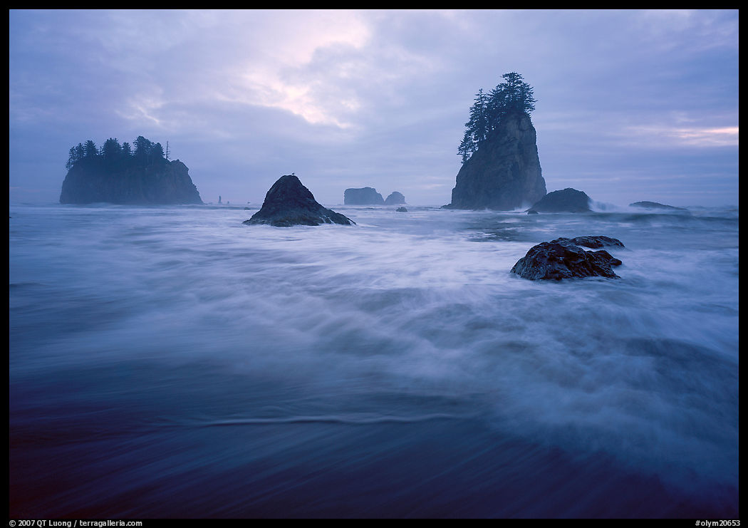 Seastacks, surf, and clouds, Second Beach. Olympic National Park, Washington, USA.