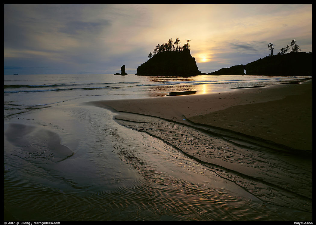Stream, beach, and sea stacks at sunset, Second Beach. Olympic National Park, Washington, USA.