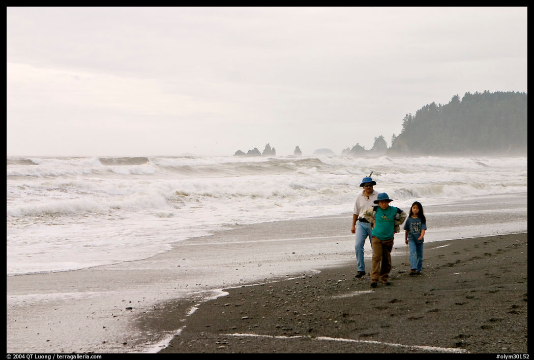 Family walking on Rialto Beach. Olympic National Park, Washington, USA.