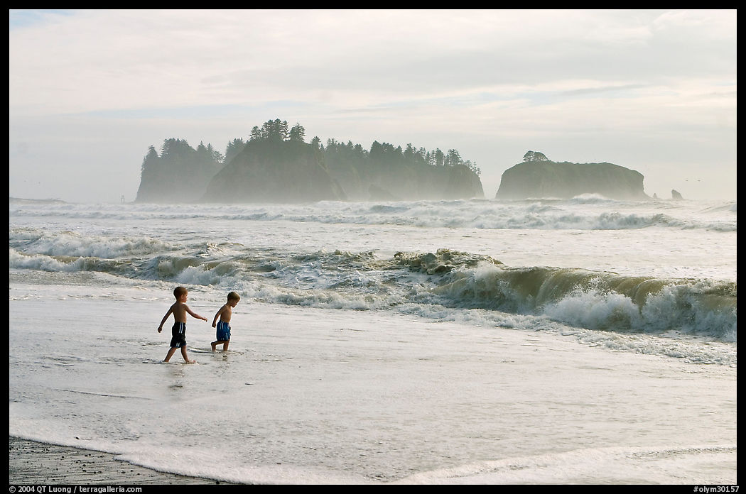 Children playing in water in front of sea stacks, Rialto Beach. Olympic National Park, Washington, USA.