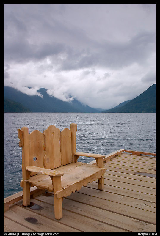 Chair on pier, Crescent Lake. Olympic National Park, Washington, USA.