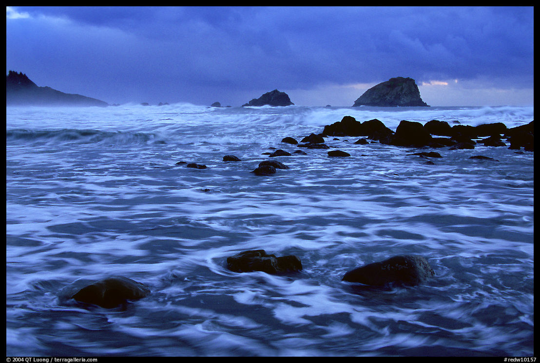 Turbulent waters, stormy dusk, False Klamath Cove. Redwood National Park, California, USA.