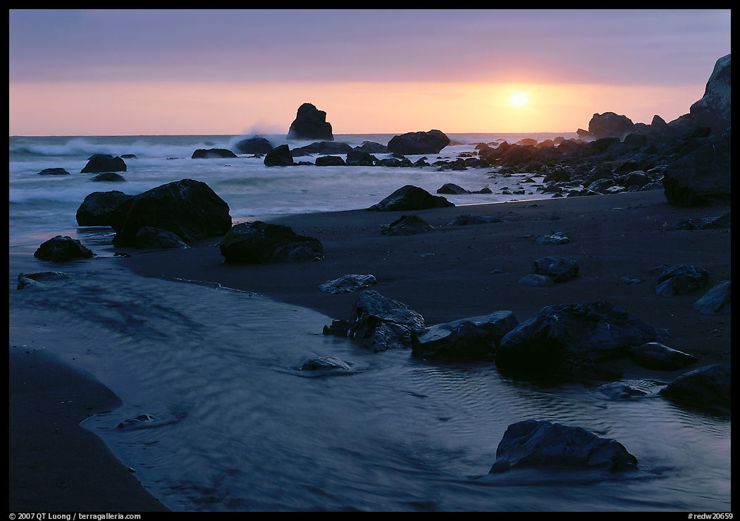 Stream and beach at sunset, False Klamath Cove. Redwood National Park, California, USA.