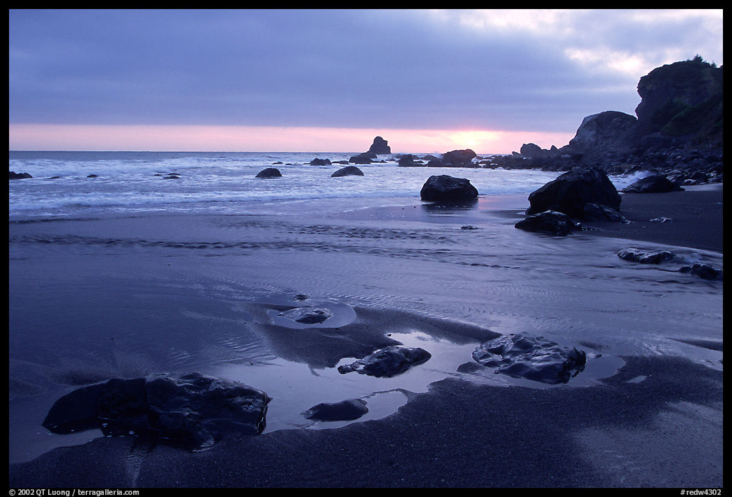 Stream, beach, and ocean at sunset, False Klamath cove. Redwood National Park