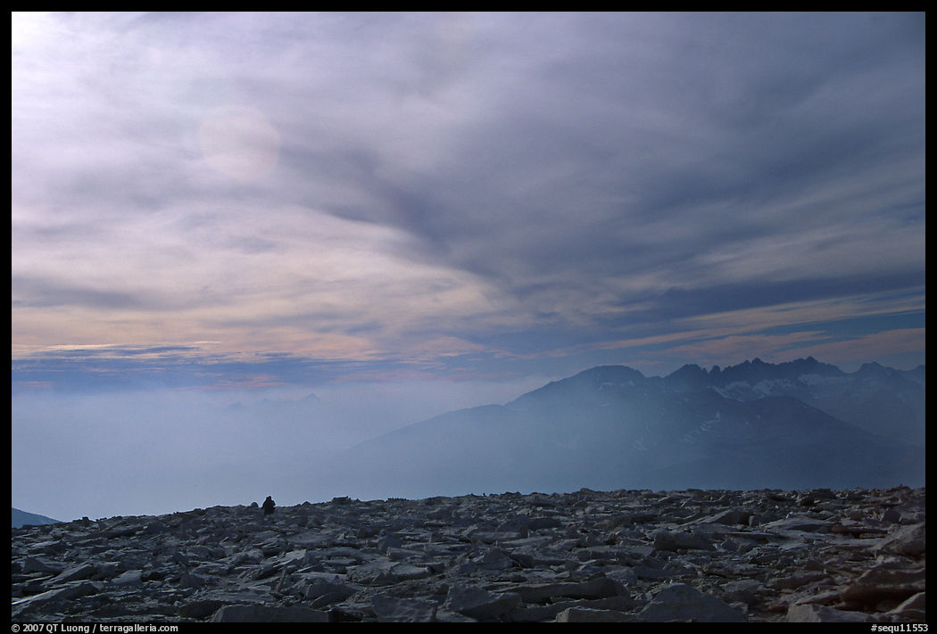 Clouds and distant range from Mt Whitney summit. Sequoia National Park