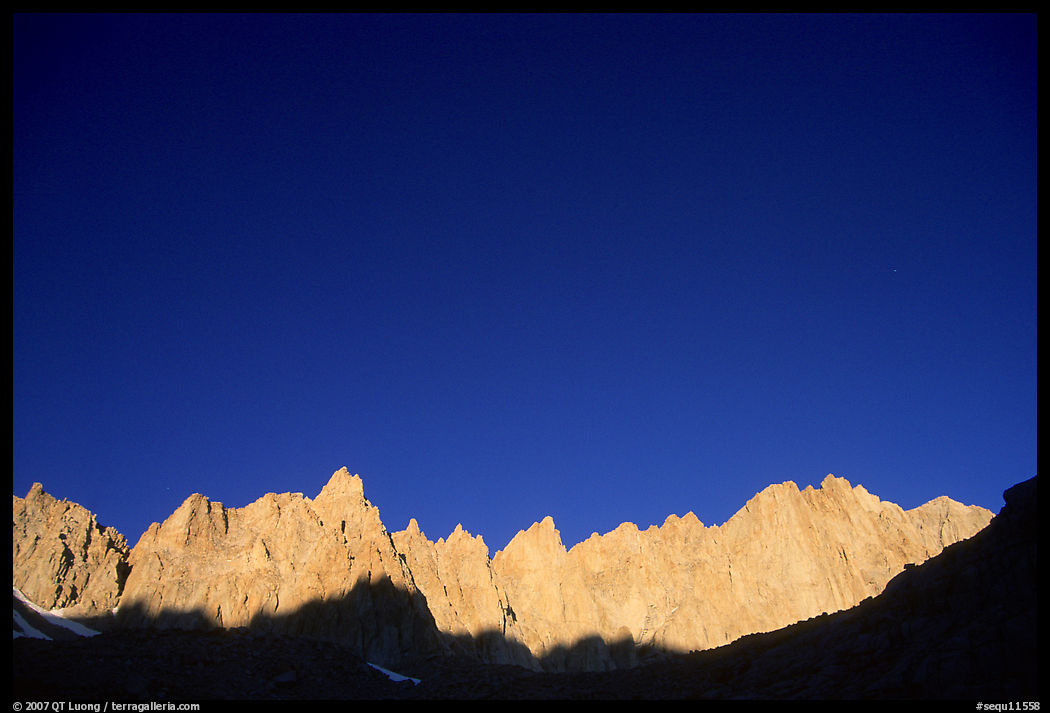 Mt Whitney range at sunrise and blue sky. Sequoia National Park