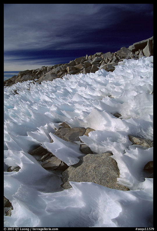 Wind-blown snow near  summit of Mt Whitney. Sequoia National Park, California, USA.