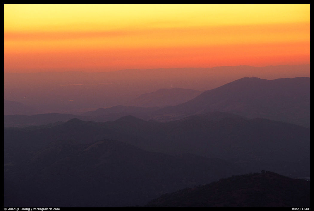 Receding ridge lines of  foothills at sunset. Sequoia National Park, California, USA.