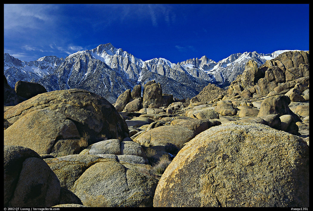 Volcanic boulders in Alabama hills and Sierras, morning. Sequoia National Park, California, USA.