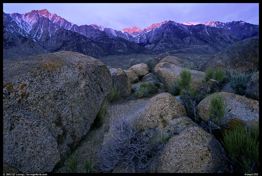 Volcanic boulders in Alabama hills and Sierras, sunrise. Sequoia National Park